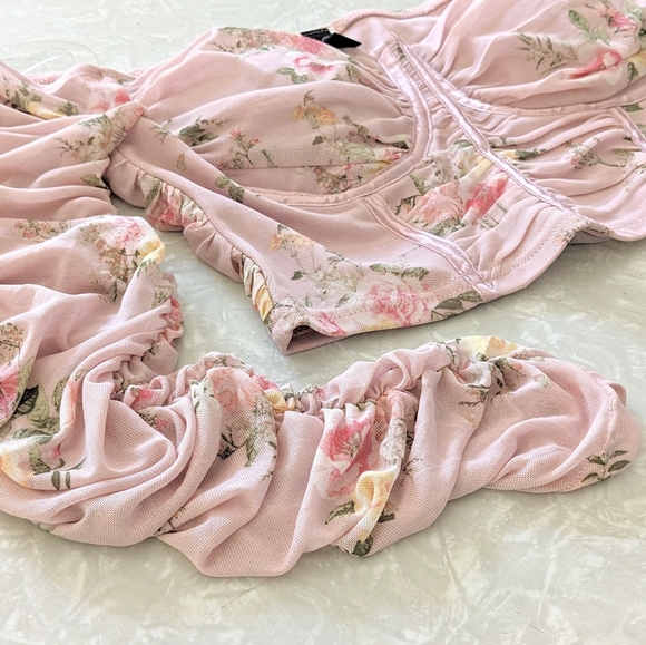 Floral Long Sleeve Corset Top, Off Shoulder Ruched Bustier, Pink Size Medium - Picture 4 of 9